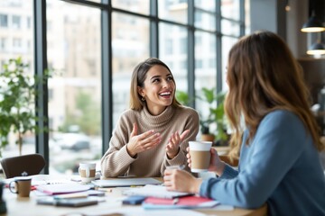 Two women in casual attire having an engaging conversation in a bright, modern office, surrounded by papers and coffee cups. Concept of collaboration. Ai generative