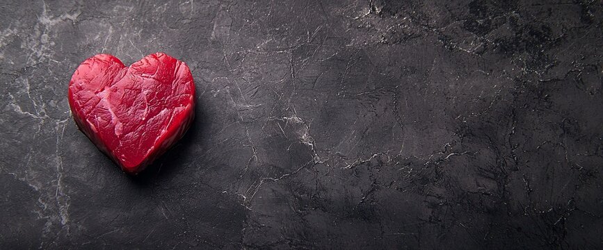 Heart-shaped raw beef steak on dark stone background.