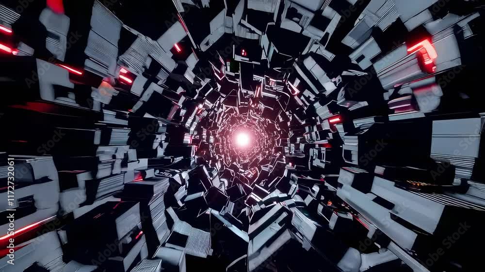 Poster exploring a futuristic tunnel filled with bright lights and structures