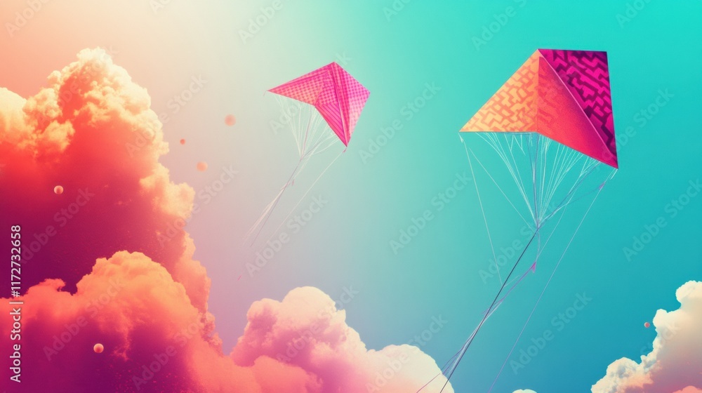 Poster brightly colored kites soaring high against a retro pastel sky filled with soft clouds. generative a