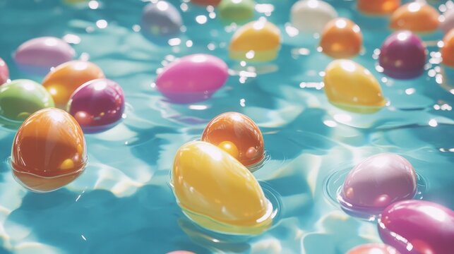 A festive scene of colorful plastic eggs floating in a clear blue pool.