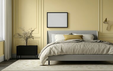 Elegant bedroom interior design, mustard walls, gray bed, mockup frame.