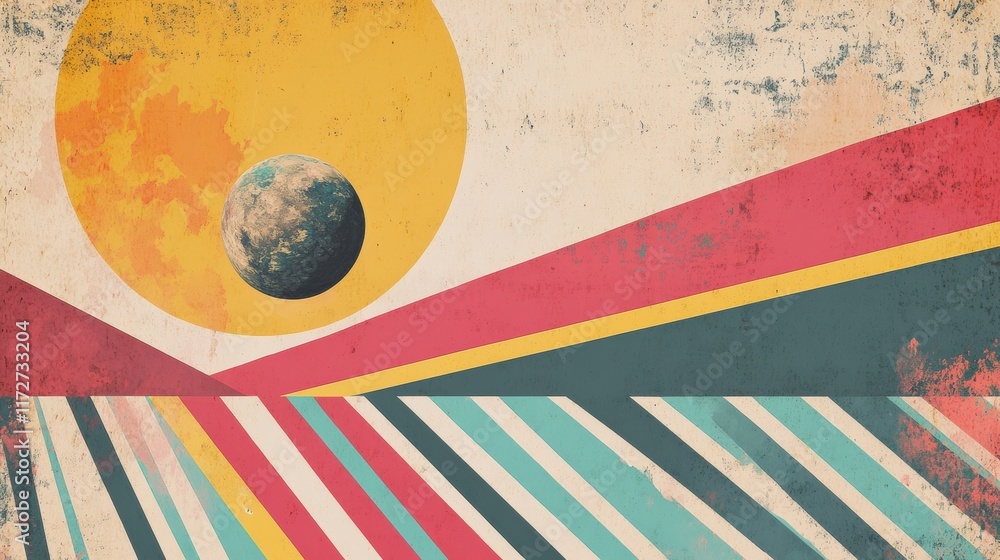 Poster colorful retro risograph landscape with sun and earth, showcasing vibrant geometric patterns during 