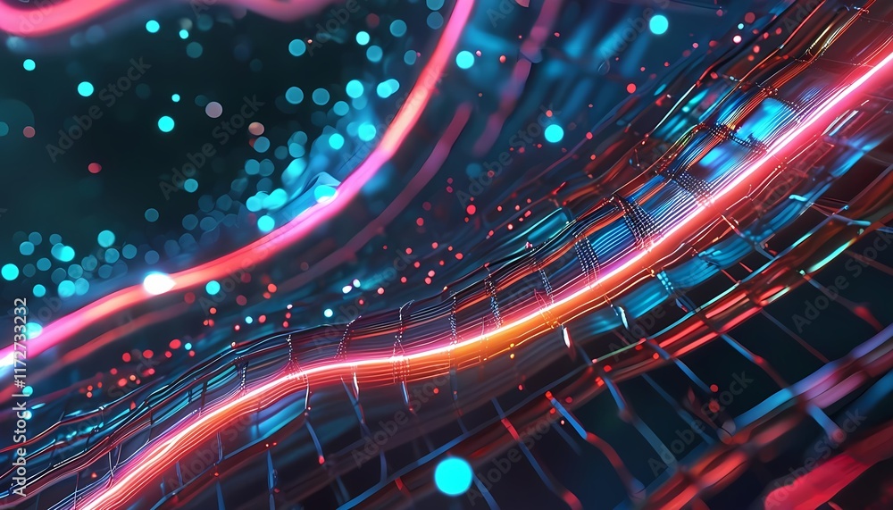 Poster bright glowing lines create an abstract light pattern with a sense of motion