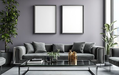 Modern living room interior design, grey sofa, purple wall, city view.