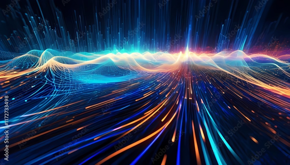 Aufkleber glowing blue lines and fractal patterns create a dynamic wave of energy and motion, a futuristic ill