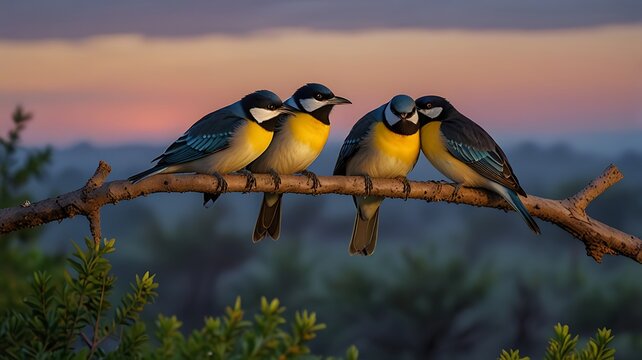 Birds perched on a branch at dawn