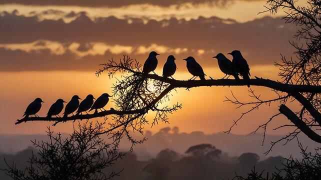 Birds perched on a branch at dawn