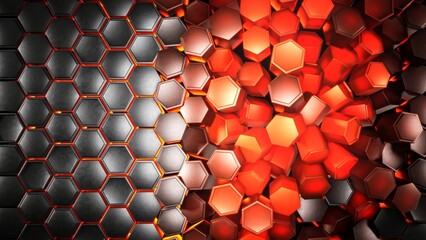 Abstract visualization of technological breakthrough with cascading hexagonal elements. Ideal for innovation strategies, disruptive technology, and future trends presentations. Features dynamic