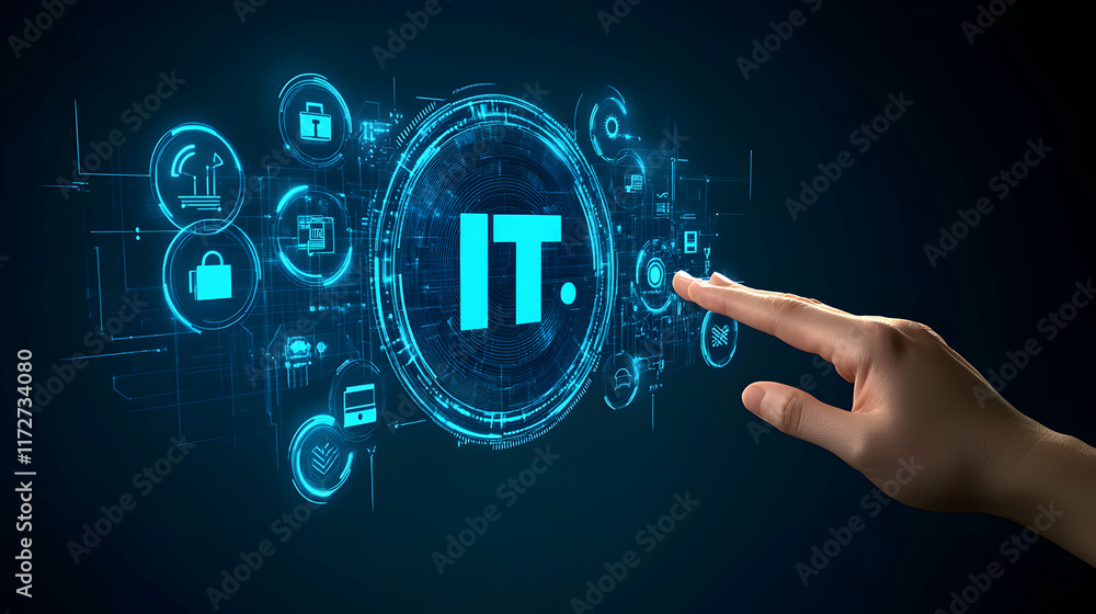 Poster hand interacting with a futuristic it interface, showcasing network security, data management, and t