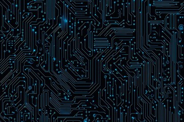 Abstract close-up of a glowing blue digital circuit board, showcasing intricate connections and technological design on a black background.
