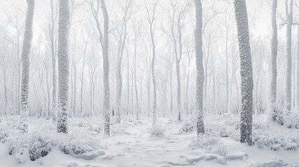 Snow-covered forest landscape in winter with tall trees and soft light