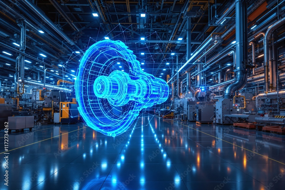 Poster digital holographic visualization of a machine part in a modern industrial factory, futuristic style