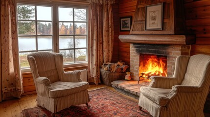 Cozy cabin interior with fireplace, two armchairs, and autumn lake view.