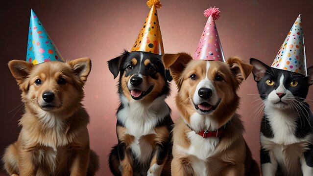 Cute animals wearing party hats