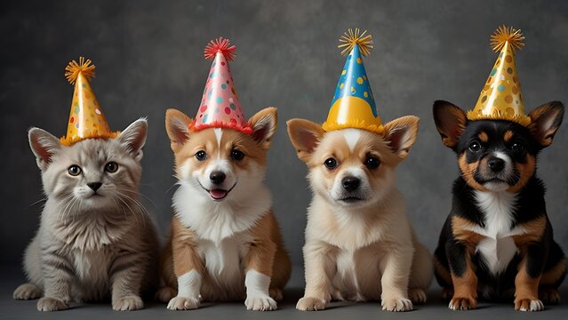 Cute animals wearing party hats