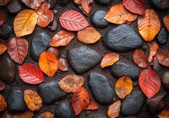 A black and brown stone wall with a layer of red leaves on top