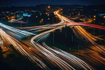 Long-exposure light trails over night city highway roads.