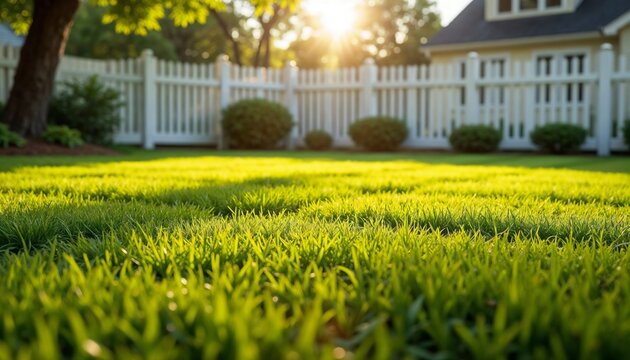 Freshly mowed backyard lawn in checkerboard pattern with warm sunlight and white picket fence