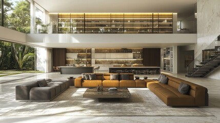 Luxurious open-plan living space with high ceilings, modern kitchen, and comfortable seating.