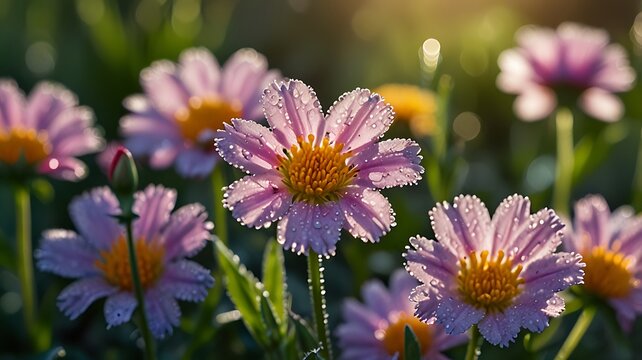 Dew-kissed flowers in the morning light