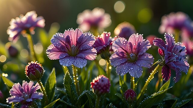 Dew-kissed flowers in the morning light