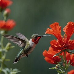 Fototapeta premium A hummingbird mid-flight, sipping nectar from a bright red flower.