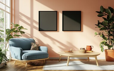 Sunny living room, armchair, coffee table, plants, interior design, home decor, mockup. (1)