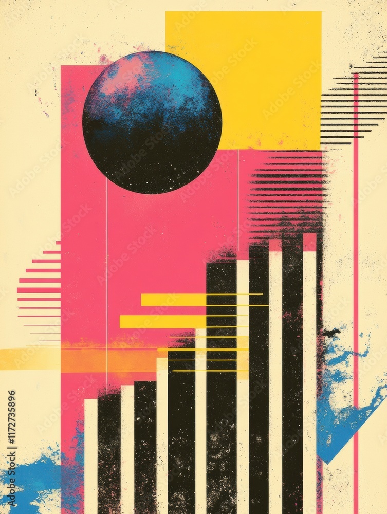 Fototapete Retro risograph style artwork featuring geometric shapes and vibrant colors on a textured background. Generative AI