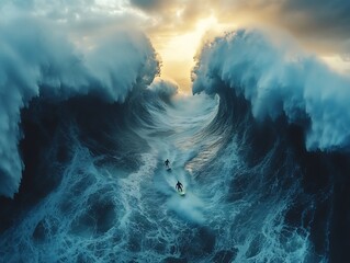 Fototapeta premium Majestic Ocean Wave Photo: Dramatic Aerial View of Surfers Bravely Navigating Immense, Powerful Tides. AI Generated