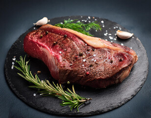 Grilled sliced Beef Steak with tomatoes and rosemary on a plate Isolated on white background top view