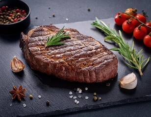 Grilled sliced Beef Steak with tomatoes and rosemary on a plate Isolated on white background top view