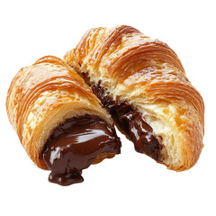 croissant split in two in the cut parts the filling chocolate isolated on a white background