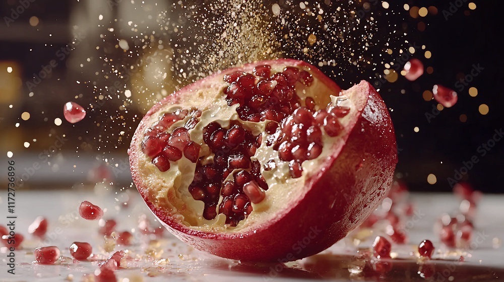 Aufkleber exploding pomegranate with seeds splashing.