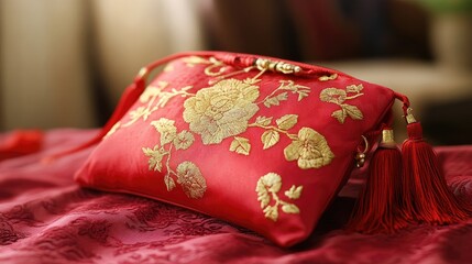 A red silk pouch adorned with gold embroidery, filled with symbolic New Year items.