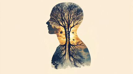 silhouette of a male human body filled with a tree and sunset. branches representing lungs and brain. connection between body and nature. illustrative art. silhouette isolated on beige background