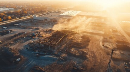 Aerial View of Construction Site at Sunrise with Machinery and Dust