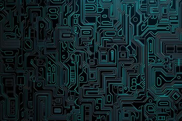 Abstract close-up of a glowing blue digital circuit board, showcasing intricate connections and technological design on a black background.
