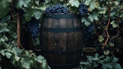 Obraz premium A rustic wooden barrel surrounded by bunches of grapes and grapevines in an outdoor vineyard setting.