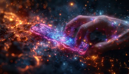 A hand is typing on a cell phone in a colorful, glowing background