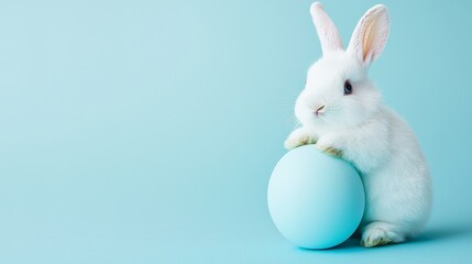 Fototapeta premium Adorable White Bunny with a Blue Easter Egg on a Soft Blue Background