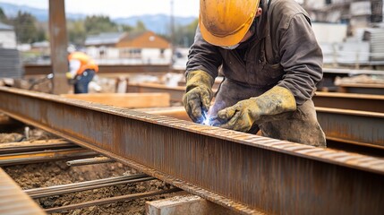 Worker Welding Steel Beams in Construction Site Close-Up View