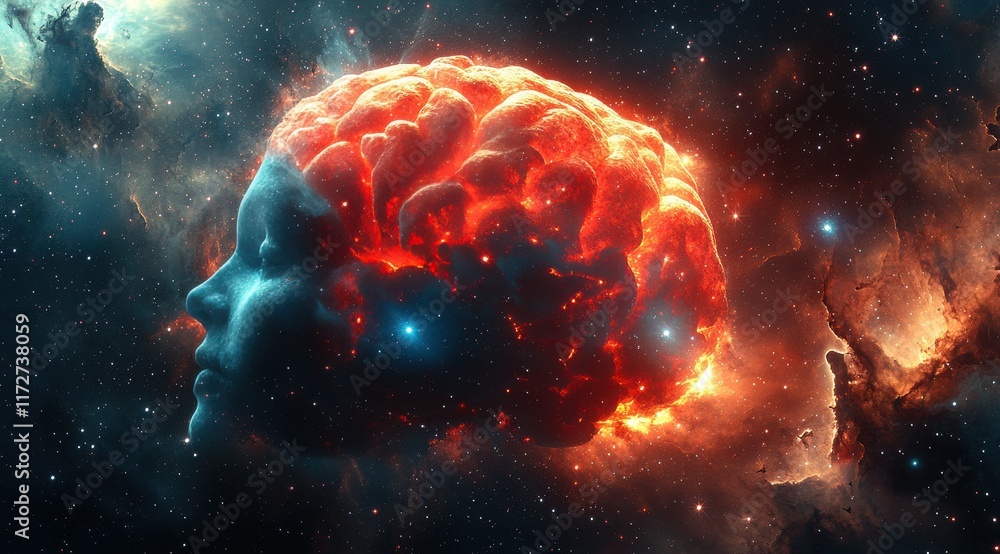 Wall mural a brain is shown in a space setting with a red and blue color scheme