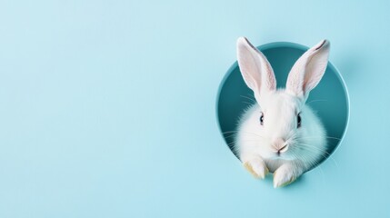Obraz premium Adorable Bunny Popping Out Against a Minimal Pastel Blue Easter Background