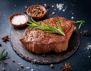 Grilled sliced Beef Steak with tomatoes and rosemary on a plate Isolated on white background top view