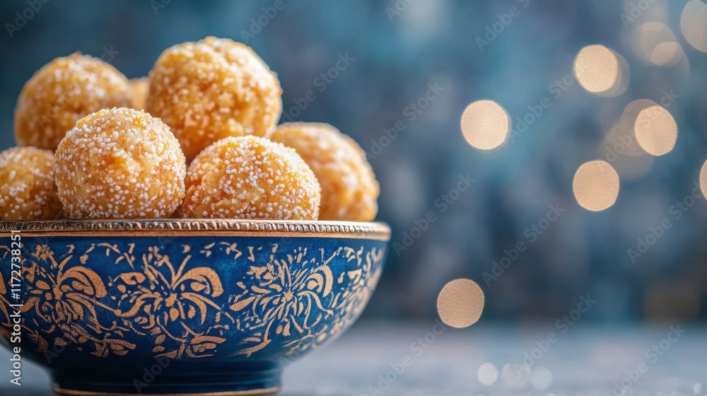 Poster a close-up of til-gul laddus in a deep blue porcelain bowl with intricate gold detailing, placed on 