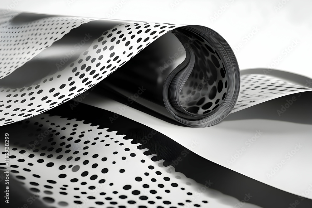 Aufkleber abstract black and white image of a rolled-up print featuring a repeating polka dot pattern, showcas