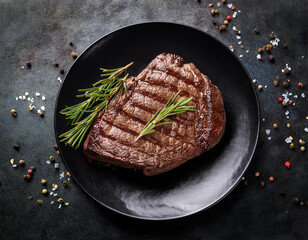 Grilled sliced Beef Steak with tomatoes and rosemary on a plate Isolated on white background top view