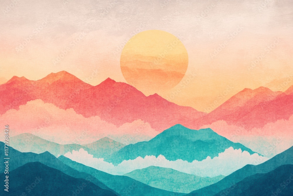 Poster vibrant sunset over colorful mountains in retro risograph style. generative ai
