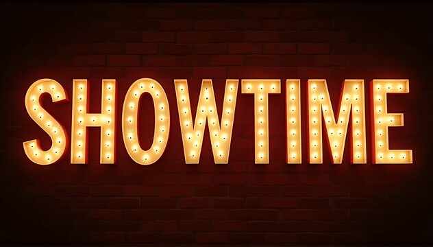 Glow "SHOWTIME" word adorned with illuminated lightbulbs  on dark background